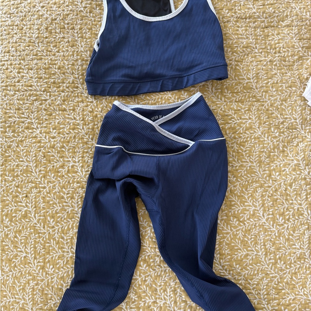 Year of Ours Veronica Ribbed Navy Crop Top and Leggings Set